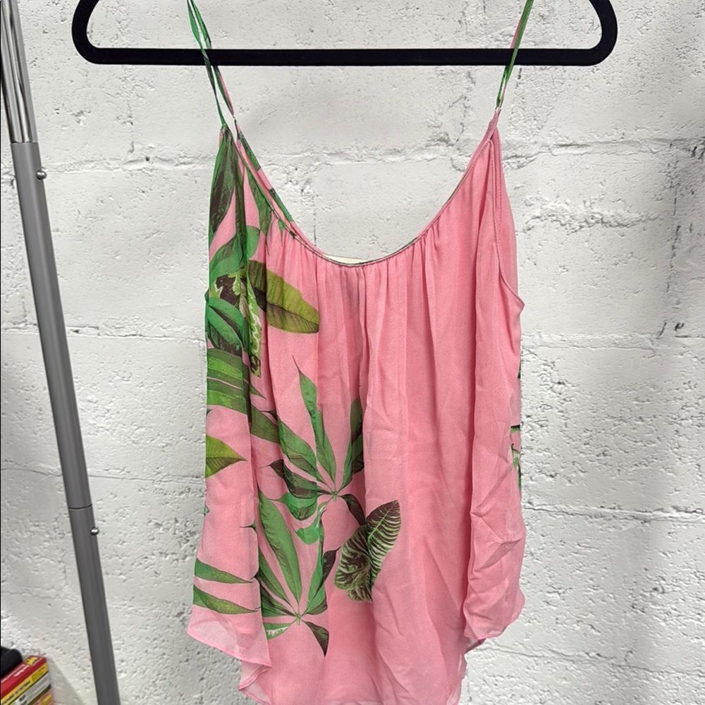 Rory Beca Silk Pink Asymmetrical Camisole with Green Leaf Print - Size Large